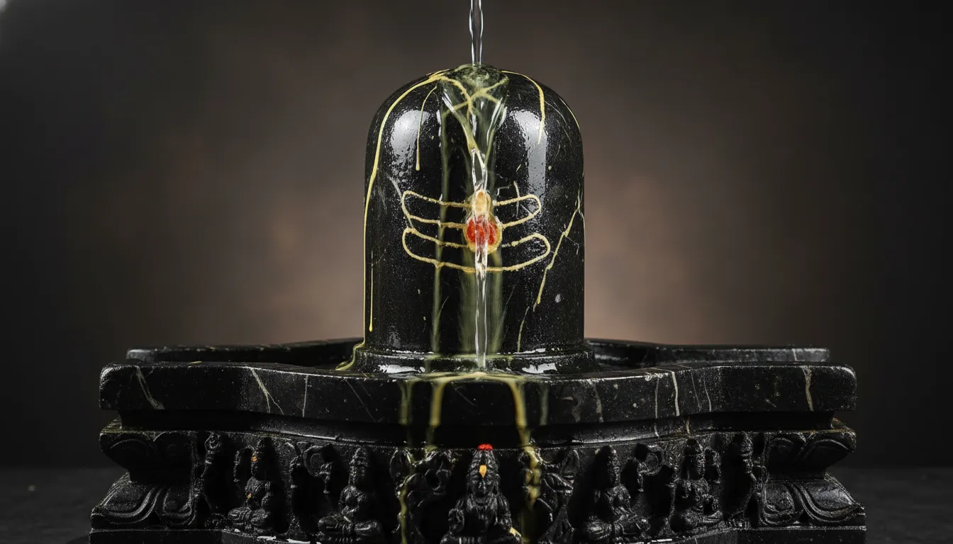 Original jet black Shivling featuring sandalwood paste and a continuous water flow.