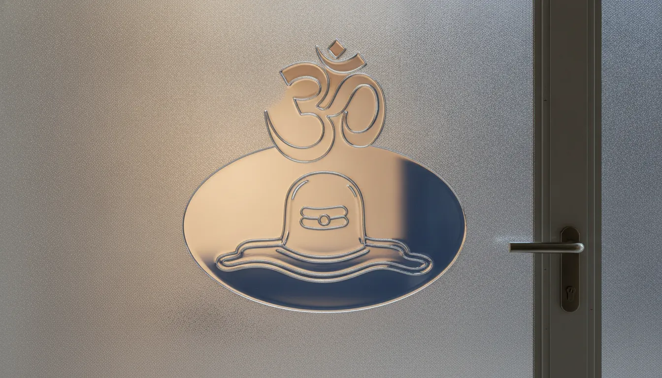 A heavy textured sandblasted glass door featuring a prominent Om symbol integrated with a Shivling design.