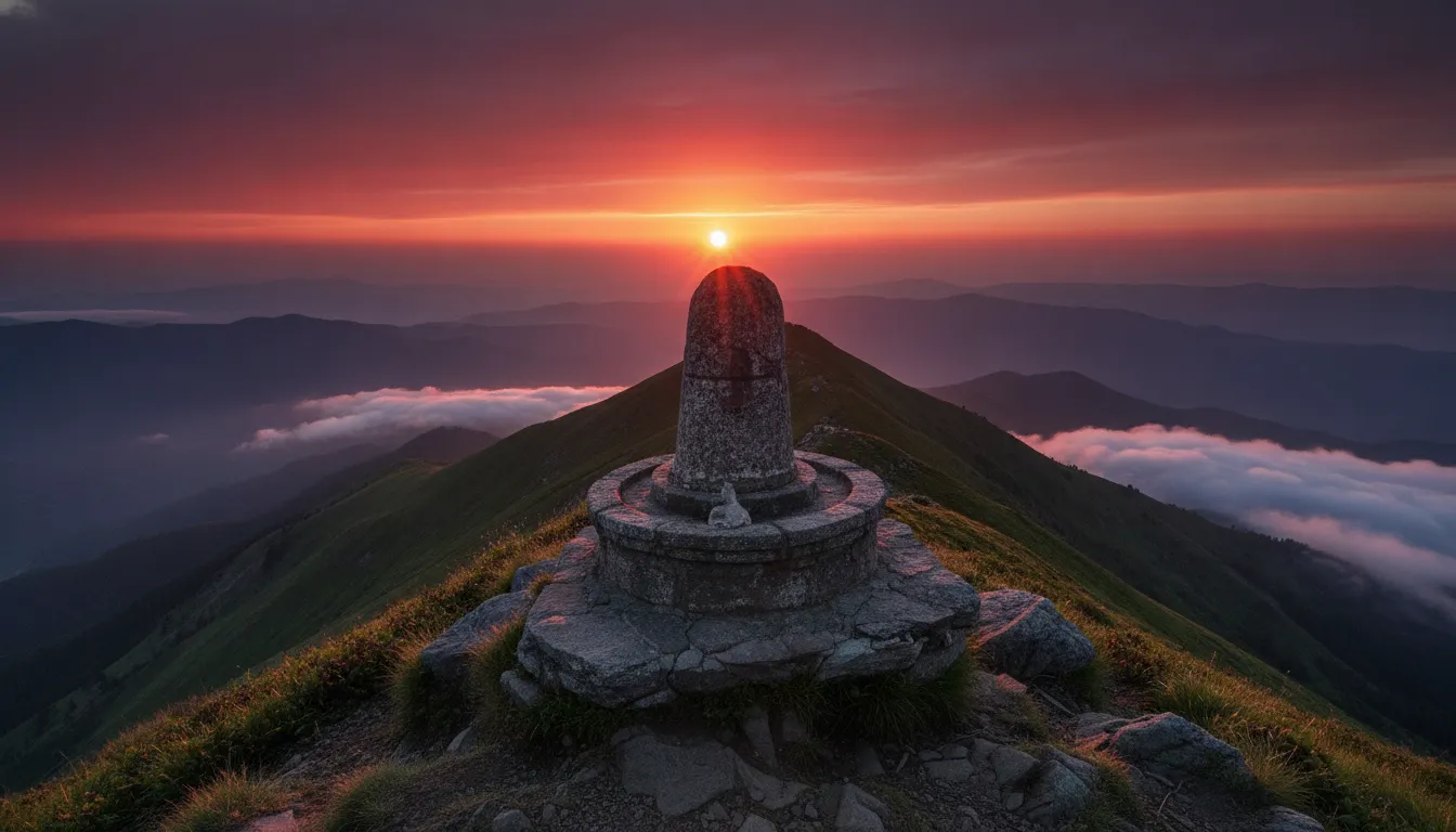 A high-altitude stone shiv shivling image on a mountain peak during a colorful sunset.