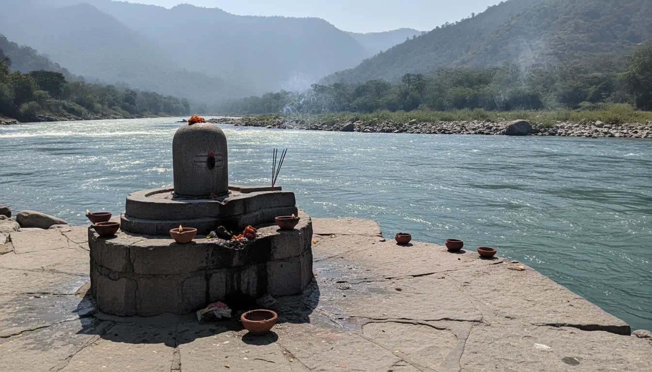 A beautiful stone shivling installed on a stone platform on the banks of fast flowing river Ganga in Rishikesh.