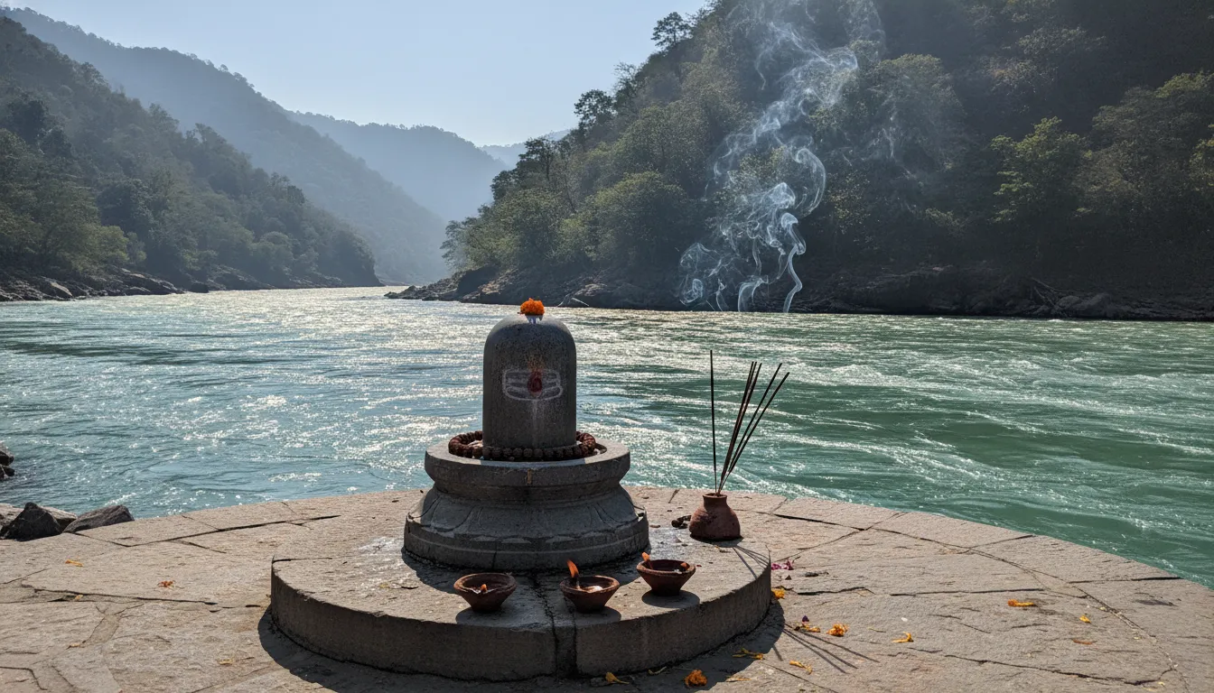 A beautiful stone shivling installed on a stone platform on the banks of fast flowing river Ganga in Rishikesh.