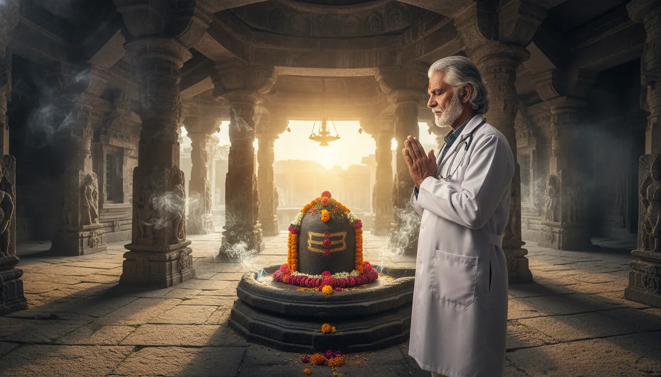 An experienced senior physician joining hands in absolute devotion before a large ancient Shivling during sunrise.