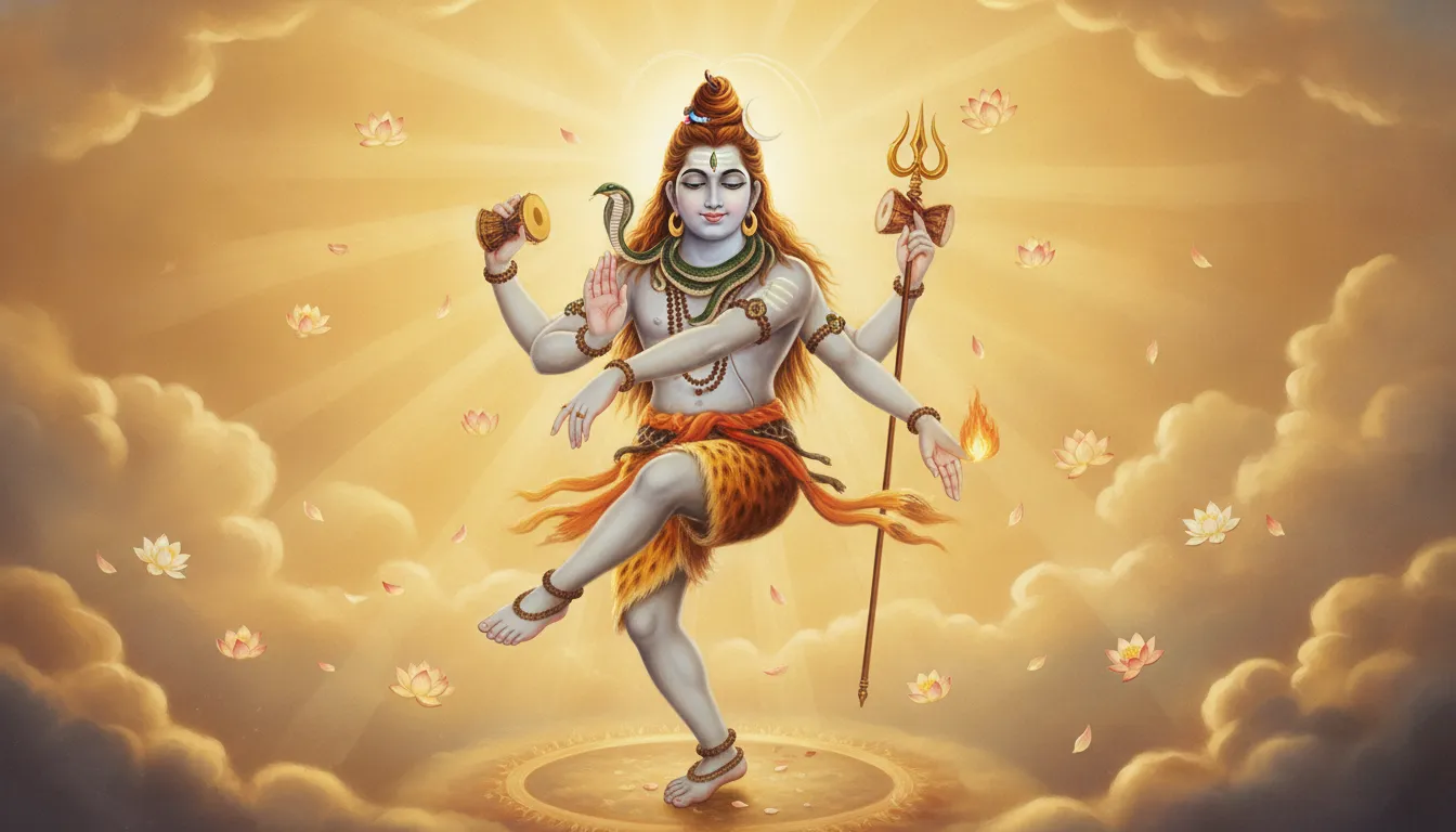 Lord Shiva with a peaceful smile performing the joyful Ananda Tandava.