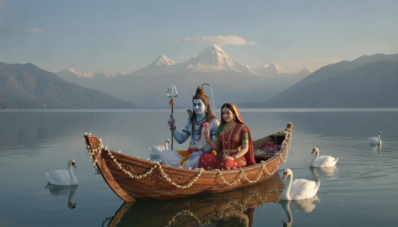 Shiva and Parvati sitting inside a traditional wooden boat on the calm Mansarovar Lake