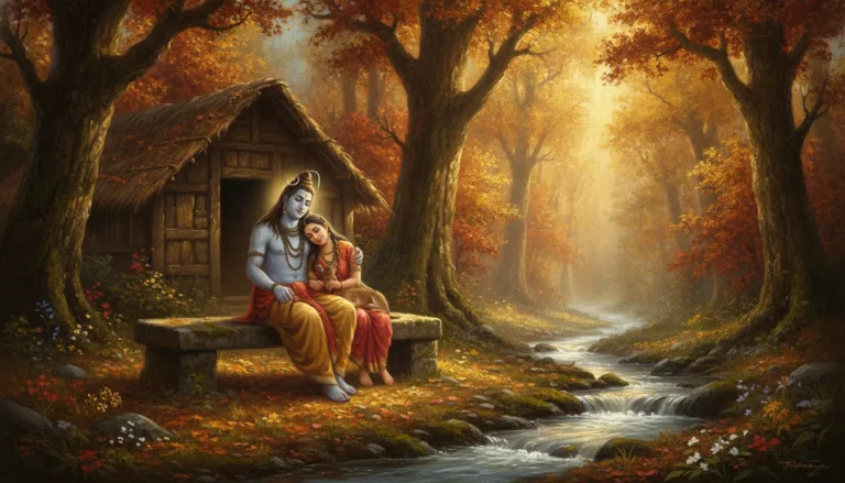 Painting of Shiva and Parvati sitting near a forest hermitage under golden tree leaves