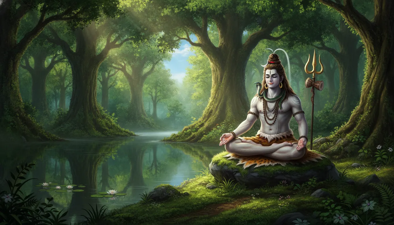 Illustration of Lord Shiva meditating surrounded by green trees beside a calm woodland lake