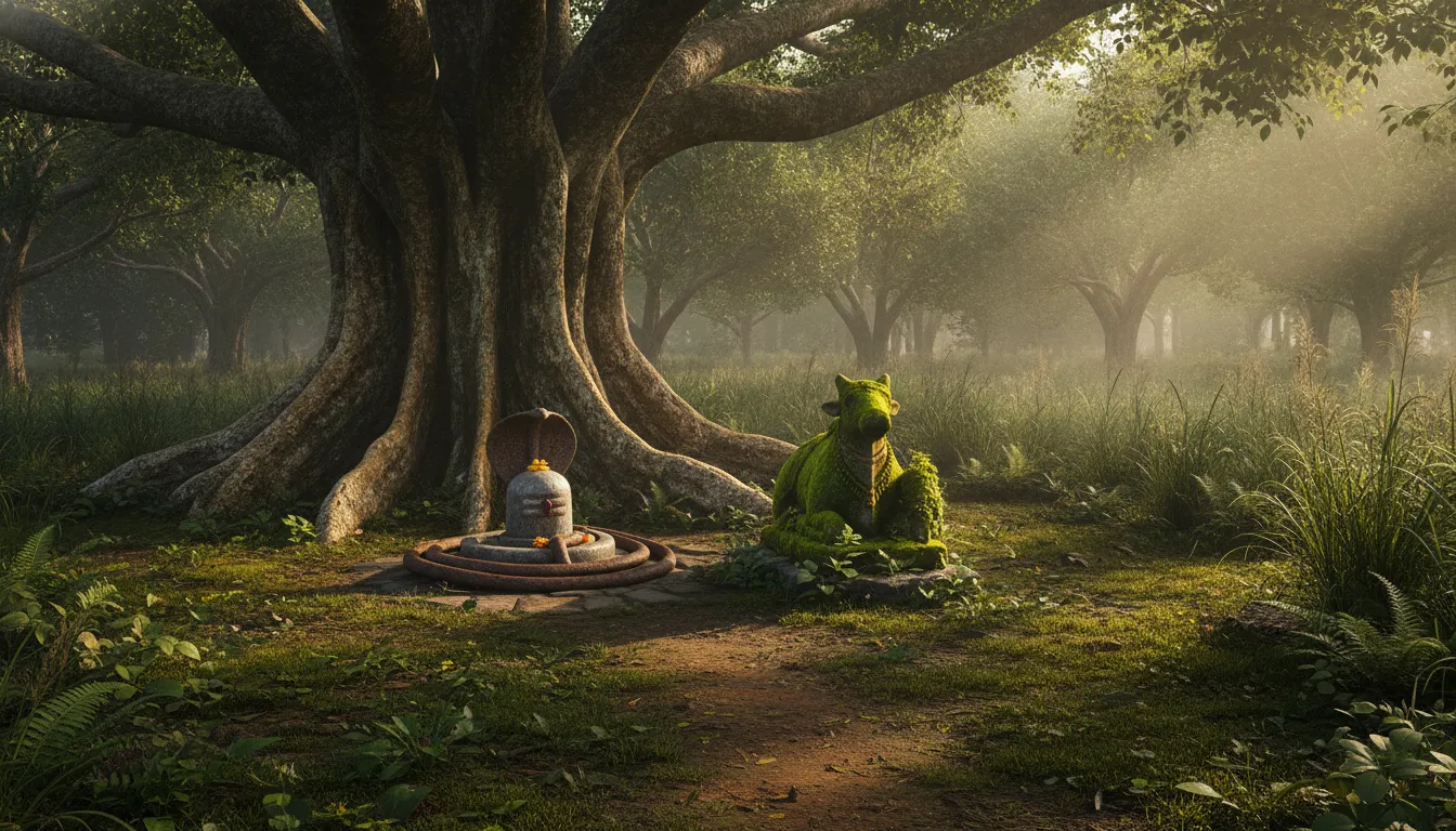 Full HD image of an old stone Shivling and Nandi statue situated under a large Banyan tree in a green forest.