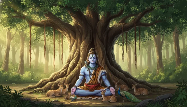 Lord Shiva sitting peacefully beneath a massive ancient banyan tree with hanging roots.