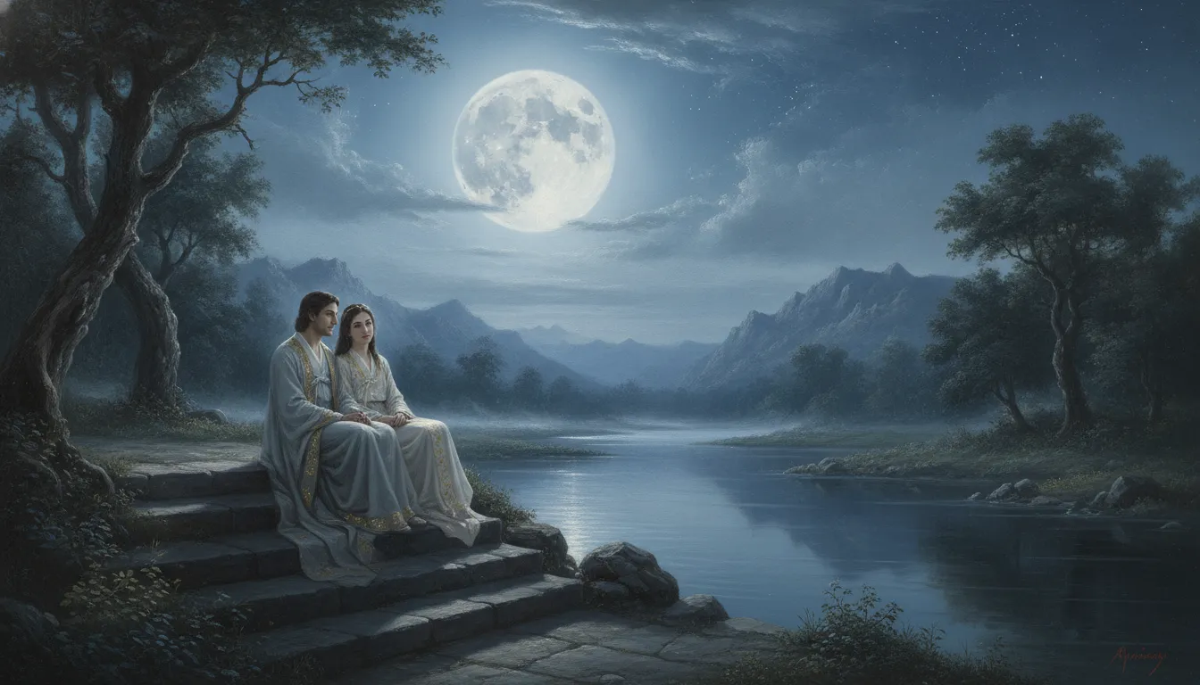 A spiritual couple sitting together by a calm river bank under the soft glow of a full moon.