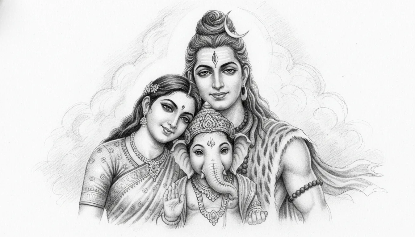 Detailed monochrome pencil sketch of Lord Shiva Parvati and their children