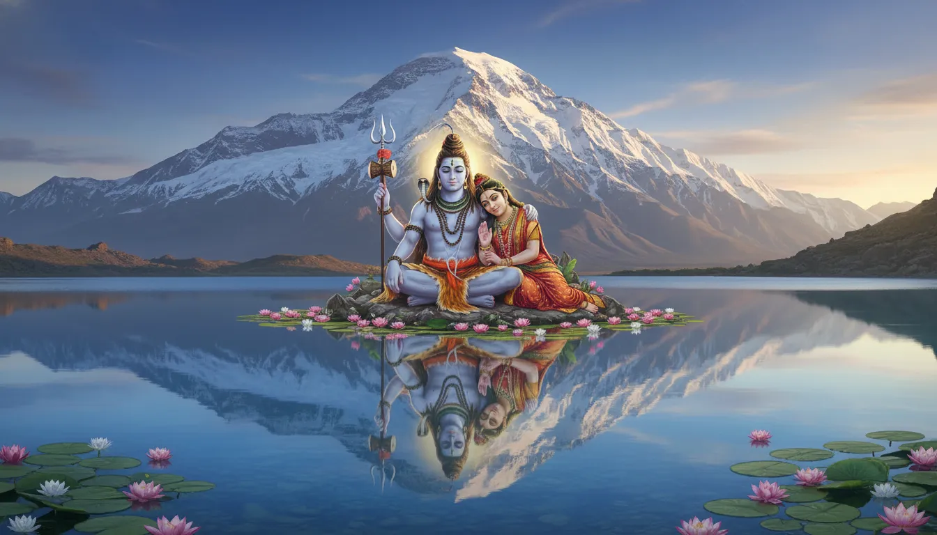 shiva parvati sitting near crystal clear mansarovar lake at kailash mountain