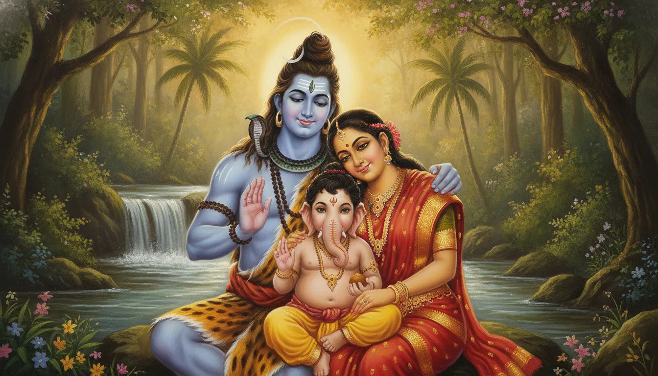 Complete divine family portrait with Shiva Parvati and young Ganesha