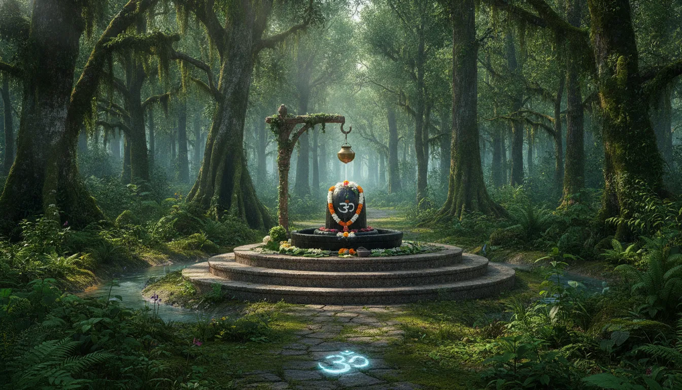 A peaceful Shivling shrine tucked away in a lush green forest, surrounded by tall trees and wildflowers.