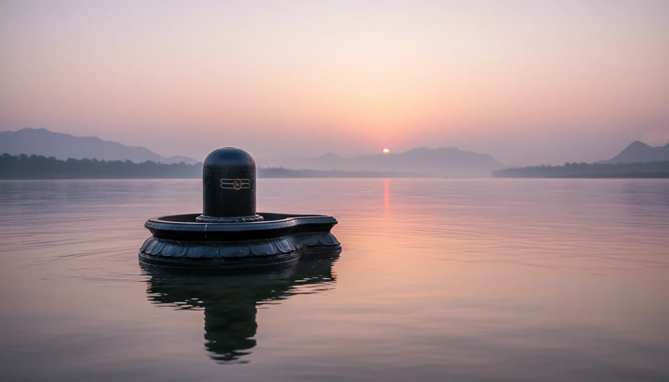 Calm morning sunrise view of Lord Shivling submerged in peaceful river water.