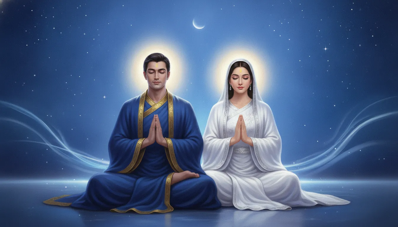 Devotional couple in traditional clothing sitting in meditation pose under the twilight sky