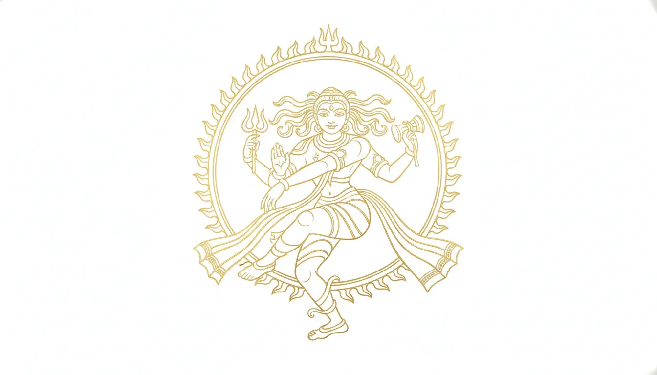 A minimalist white and gold Nataraja illustration with elegant metallic gold lines on a clean white background.