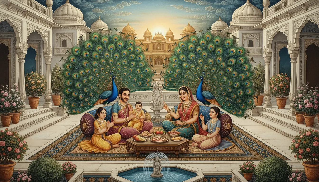 Happy family sitting in a courtyard surrounded by vibrant symbolic peacocks