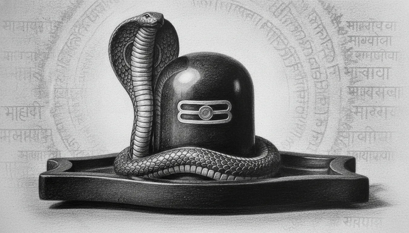 A detailed shaded pencil sketch image of shivling for drawing with holy mantras in the background.