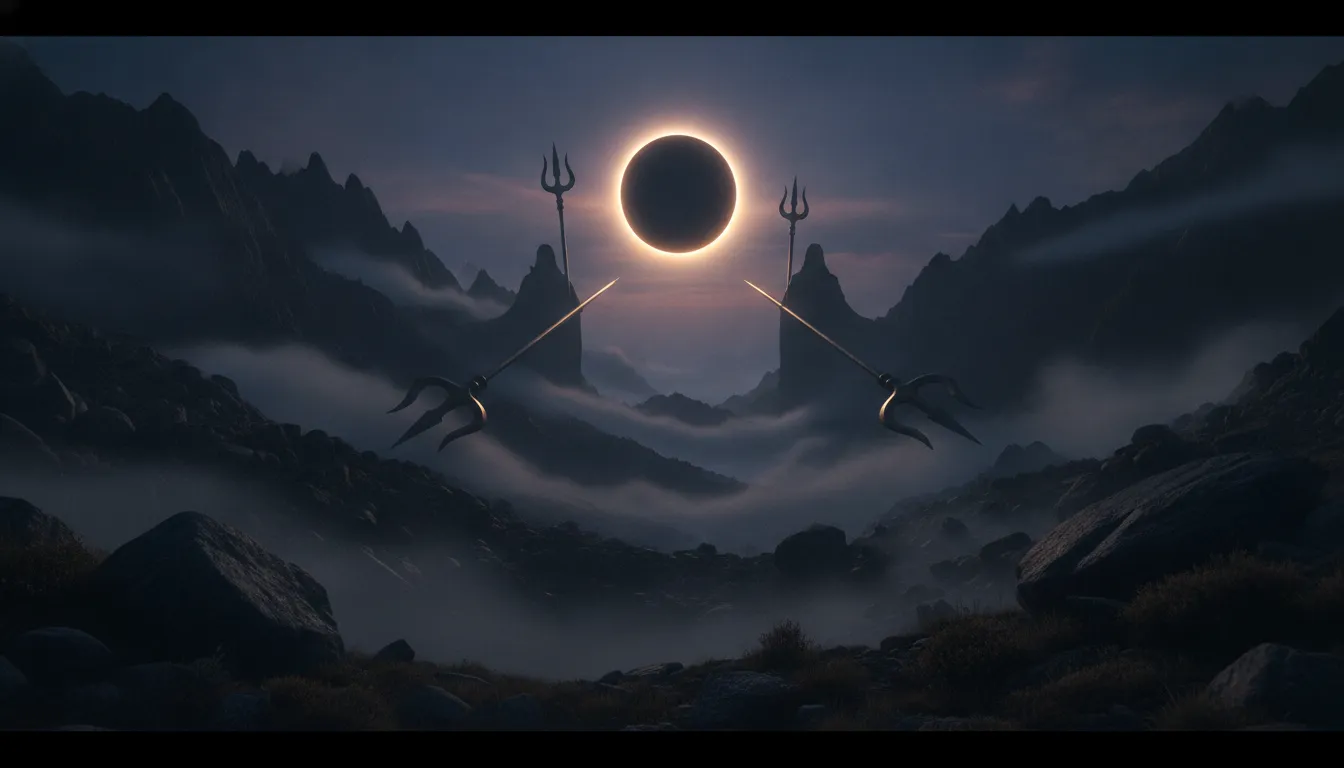 Two tall divine silhouettes holding tridents on a misty mountain slope during a dark eclipse.