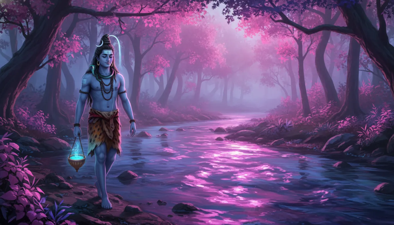 An abstract digital painting of Lord Shiva walking gracefully among neon green and electric blue trees.