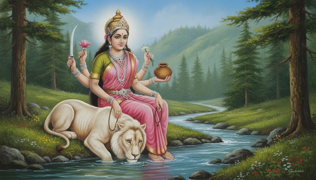 A beautiful painting of Goddess Durga sitting calmly on her lion inside a peaceful Himalayan forest.