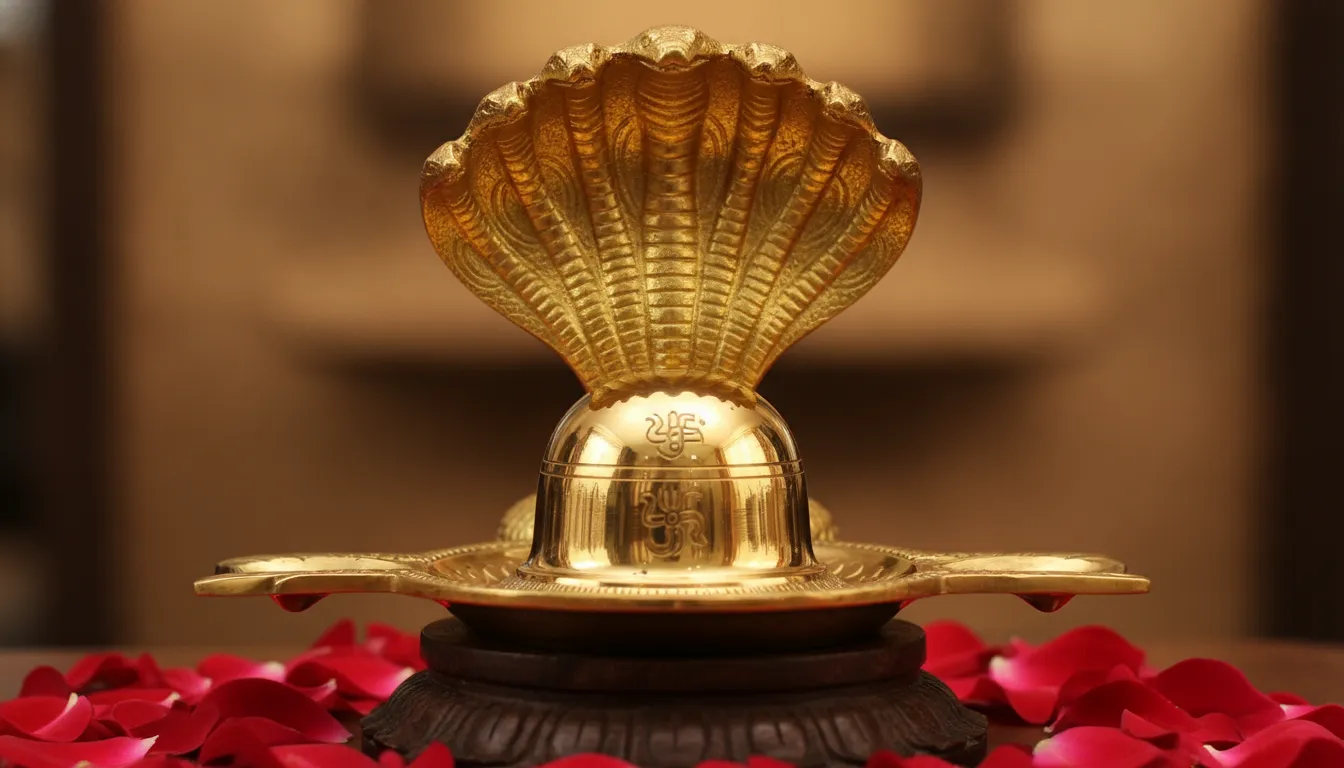 A metallic nice shivling image in hd featuring a detailed brass Sheshnaag canopy.