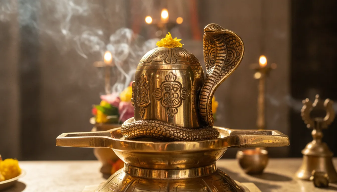 Full HD picture of a metallic brass Shivling with a detailed snake sculpture.