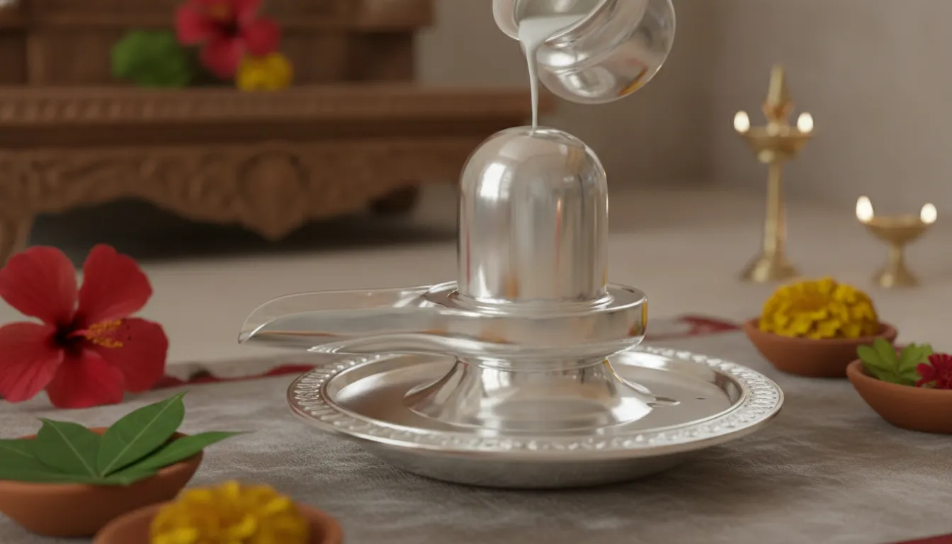 Pure silver Shivling shining under bright prayer room lights
