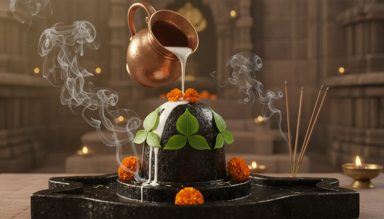 A sacred stone Shiv Lingam being offered fresh milk and green Bel Patra leaves during a holy ritual.