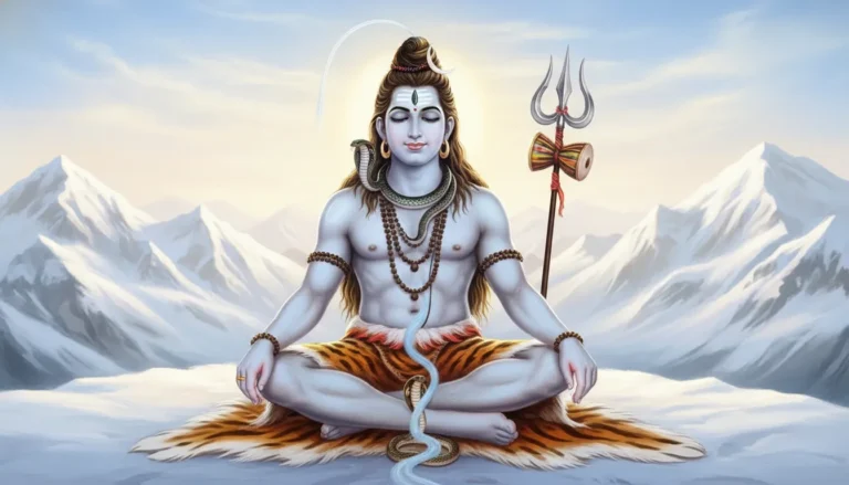 Lord Shiv Mahadev meditating in full HD photo sitting on a tiger skin amidst snow-capped Himalayan mountains with a serene expression.
