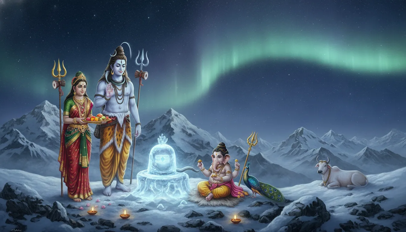 Shiv Parivar images with shivling on Mount Kailash with snow covered peaks and Nandi bull