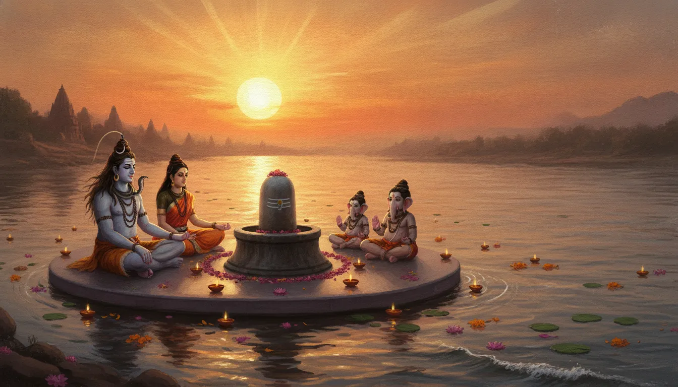 Shiv Parivar images with shivling beside the holy river Ganga during a golden sunset aarti