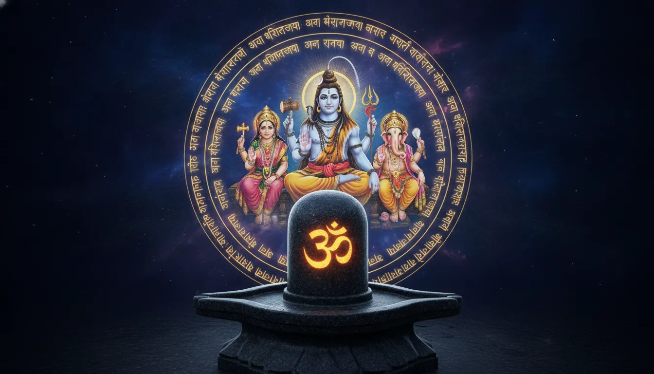 Shiv Parivar images with shivling featuring golden Sanskrit calligraphy of the Maha Mrityunjaya Mantra