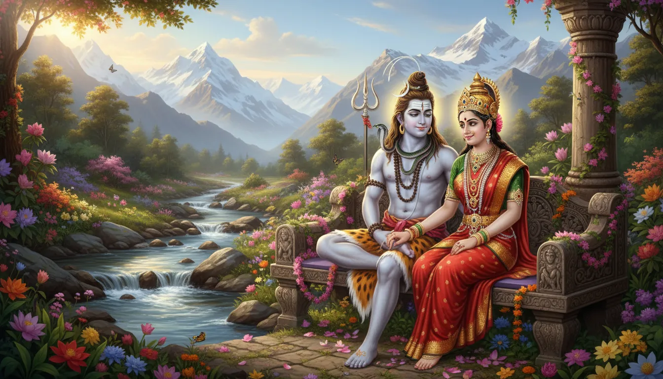 A joyful and serene HD image of Lord Shiva and Goddess Parvati seated together, from "har har mahadev new photos hd."