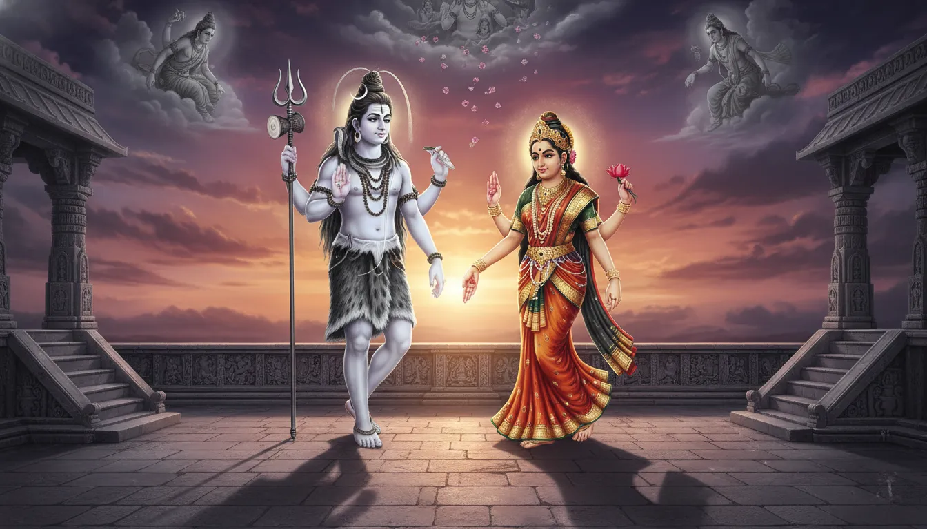 Vibrant painting of Shiva and Parvati engaged in a sacred dance during a golden and purple twilight.