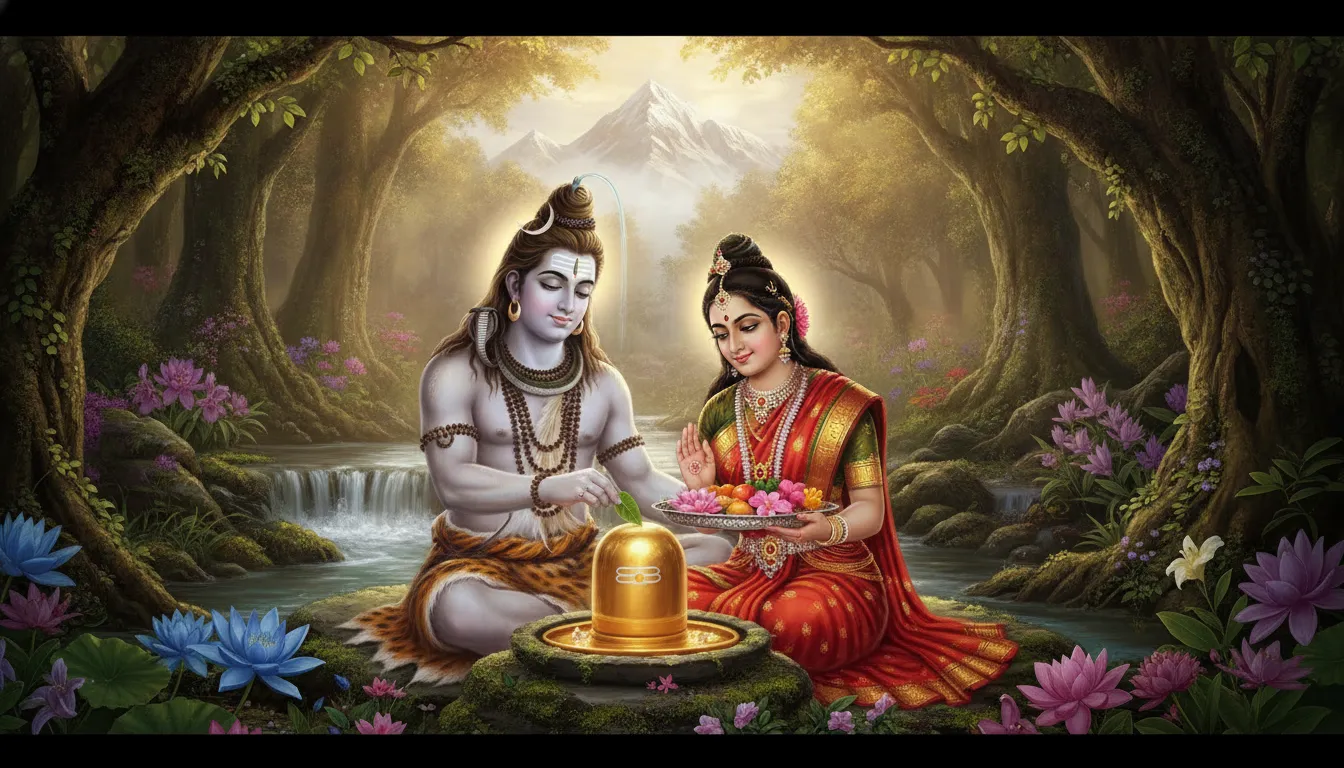 Lord Shiva and Goddess Parvati sitting together in a divine forest, jointly offering prayers and flowers to a glowing golden Shivling.