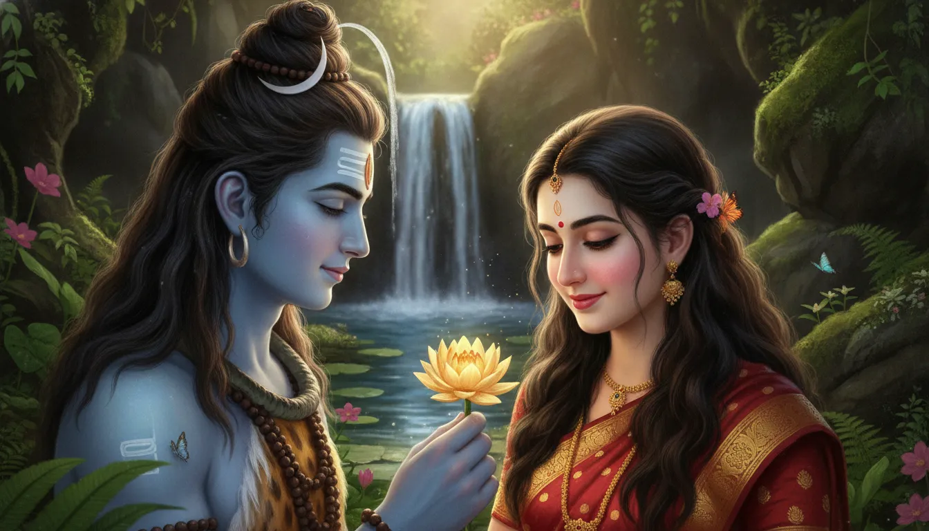 Lord Shiva gently placing a wild flower in Parvati's hair near a hidden jungle waterfall.