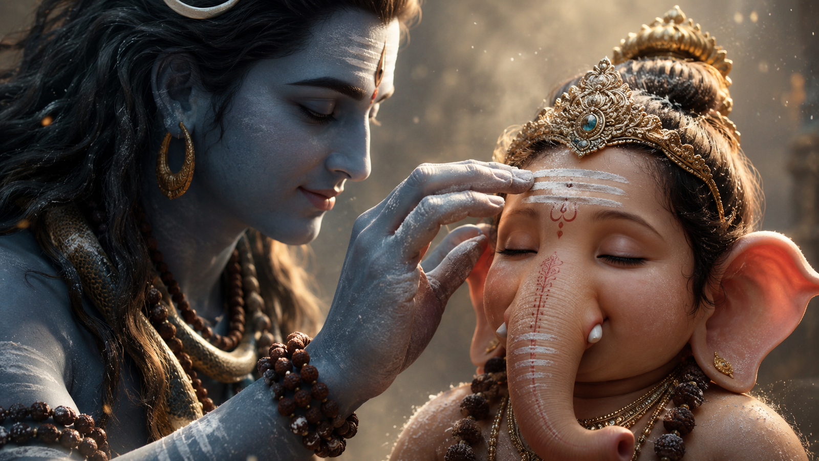 Lord Shiva using his finger to gently apply the three lines of holy ash (Tripundra) onto baby Ganesha's trunk and forehead.