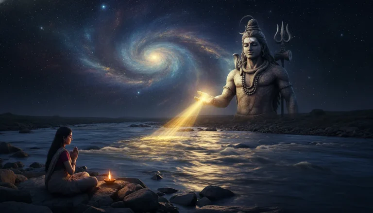 Lord Shiva blessing a seated woman devotee on a rocky river bank under a starry night sky.