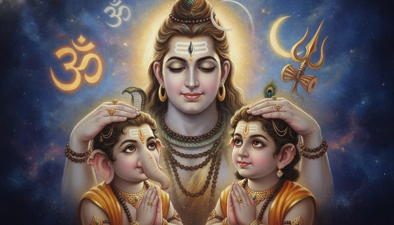 Close-up artwork of Lord Shiva placing his hands on the heads of Ganesha and Kartikeya.