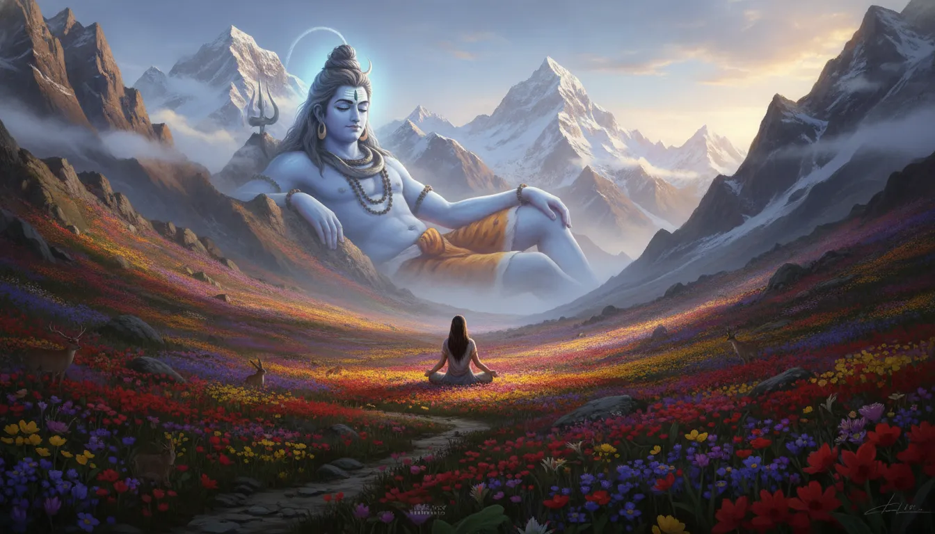 Lord Shiva sitting on a high Himalayan peak looking down and blessing a woman praying in a valley full of flowers.