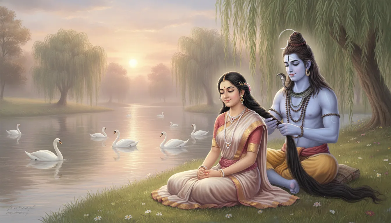 Lord Shiva gently braiding Parvati's long hair while sitting by a peaceful river