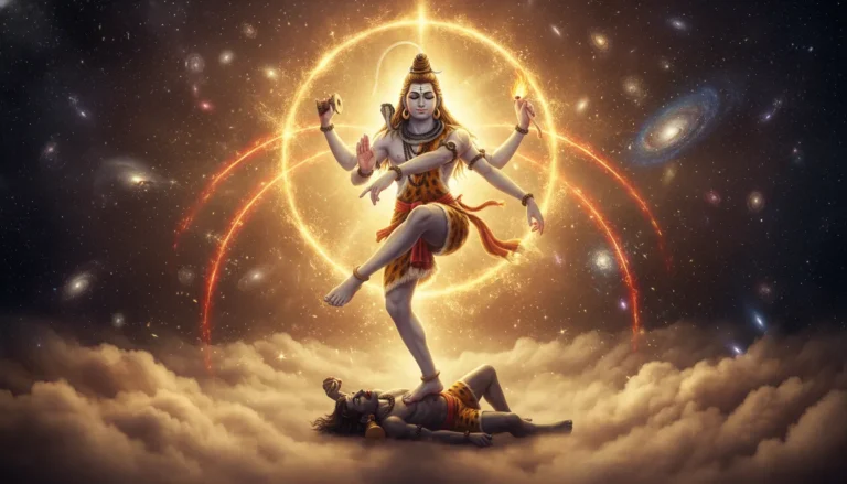 Lord Shiva balancing on one leg in the cosmic dance pose amidst golden star dust clouds.