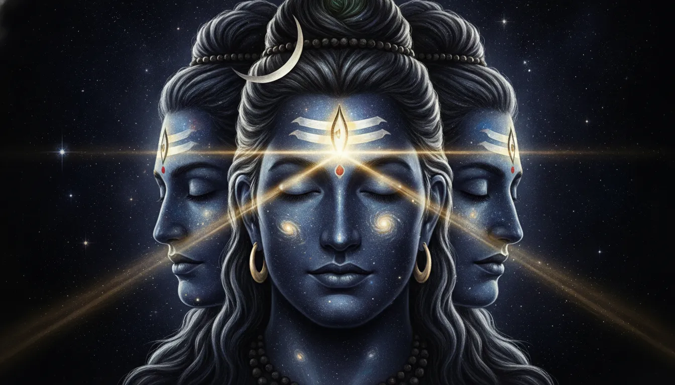 Detailed close-up of three-faced Lord Shiva with a glowing golden third eye in a starry sky.