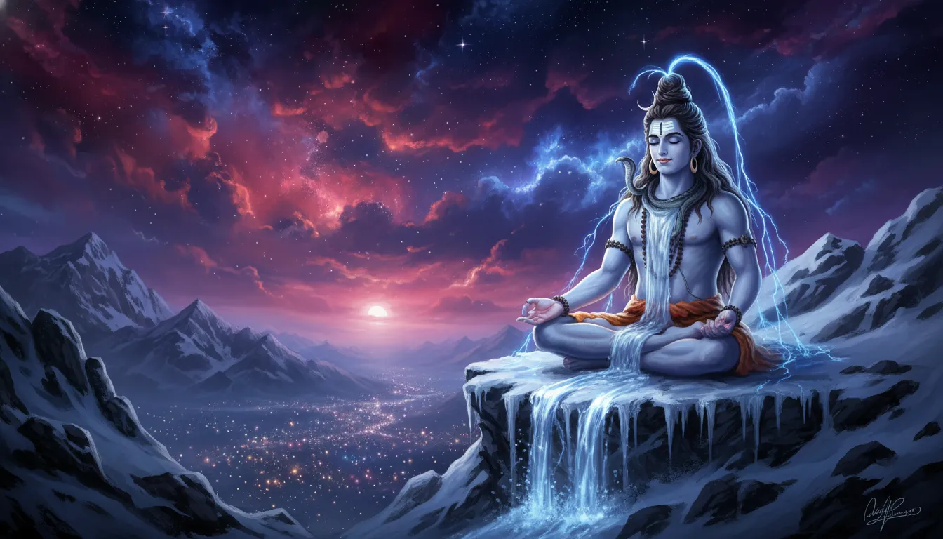 Holy river Ganga flowing from the hair of meditating Shiva into a star-filled valley.