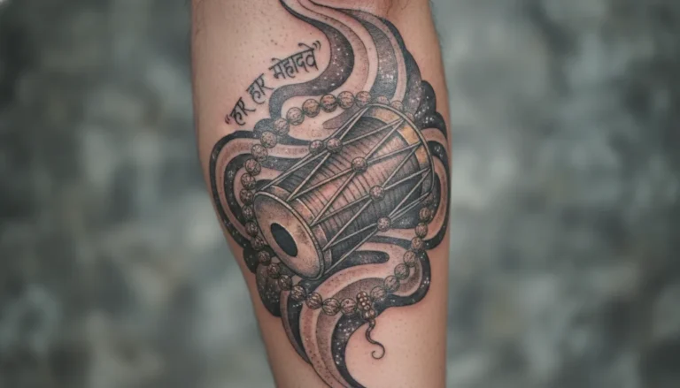 Artistic Damru tattoo with cosmic waves and Har Har Mahadev text on calf muscle.