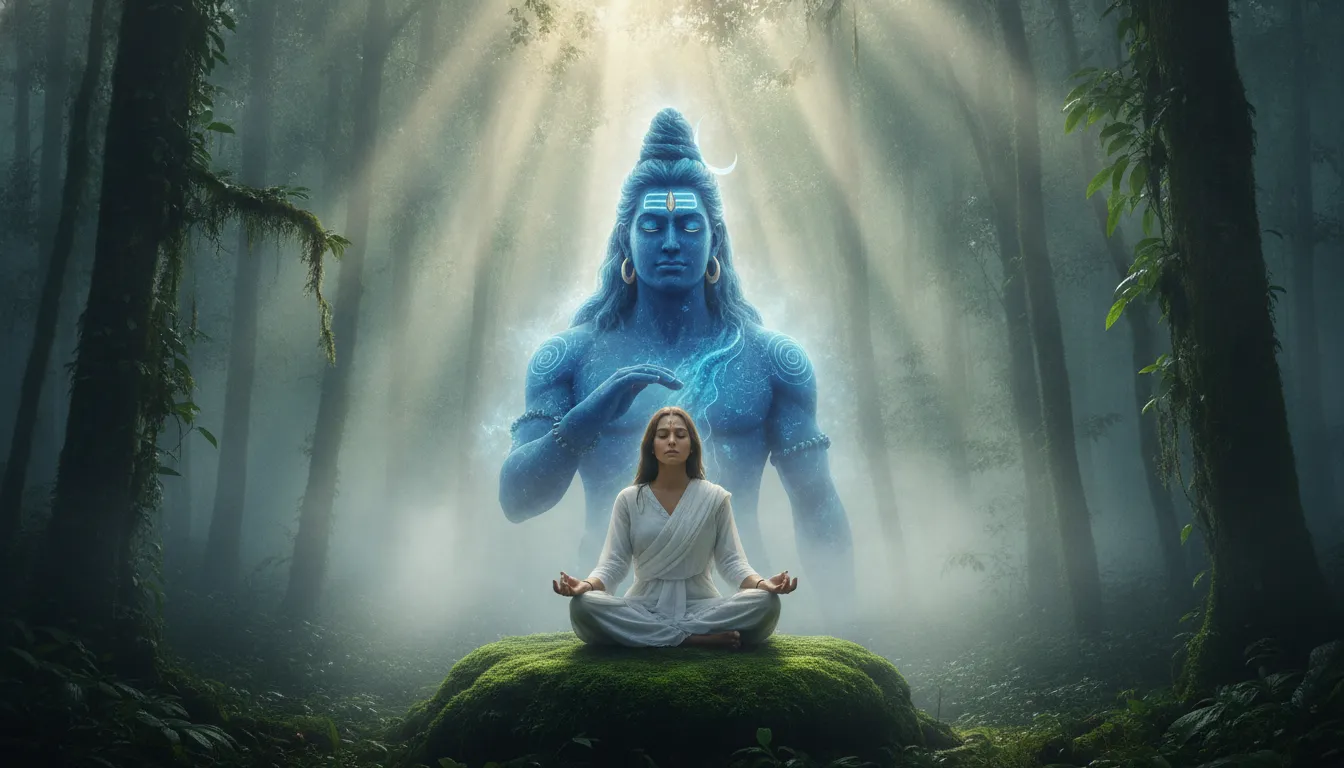 Cosmic form of Shiva blessing a woman sitting inside a misty green jungle at sunrise.