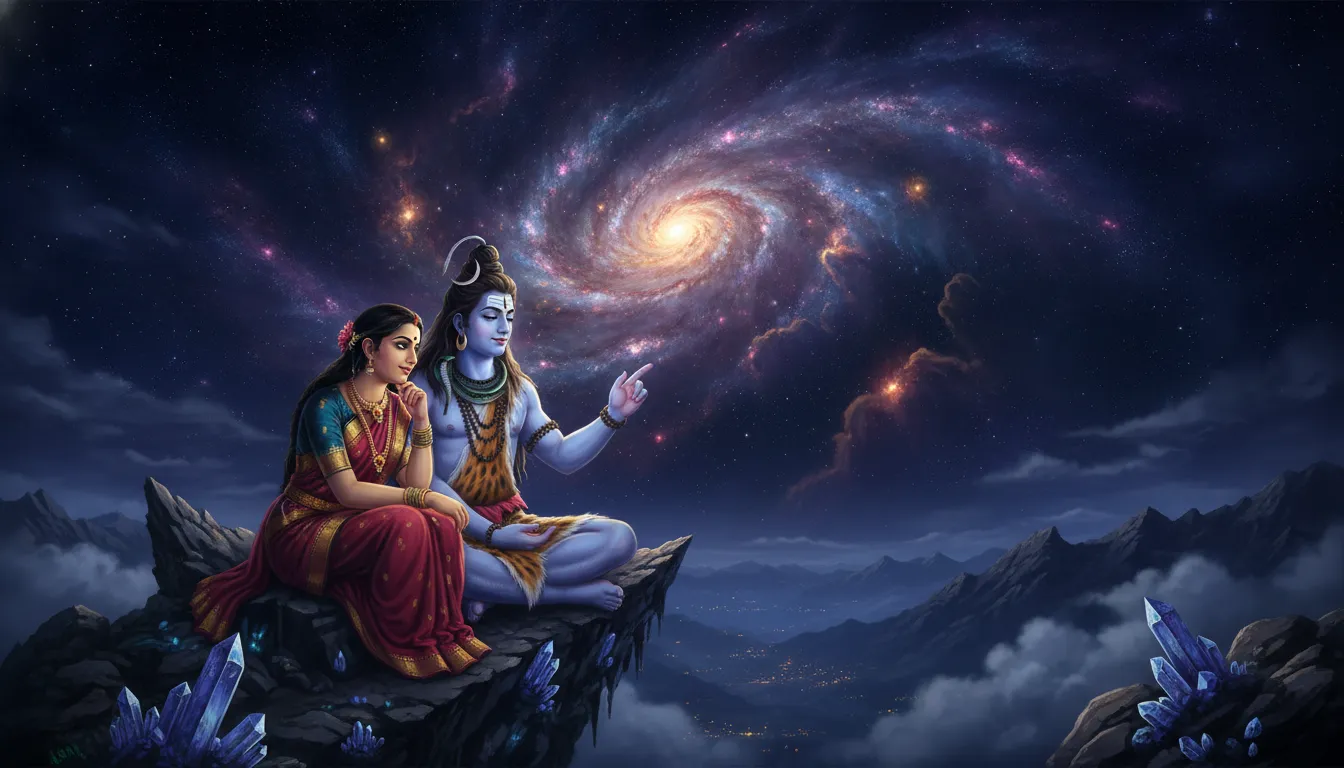Lord Shiva pointing towards a swirling galaxy in the night sky while Parvati watches with wonder.