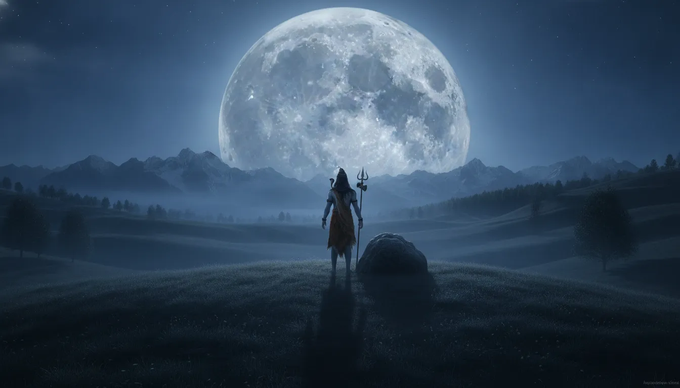 Lord Shiva standing on top of a grassy hill looking at a massive, glowing full moon rising over distant mountains.