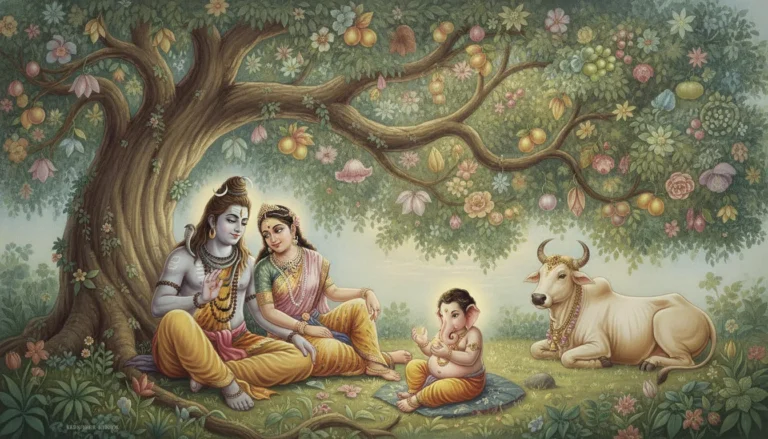 The holy family resting peacefully under the sacred Kalpavriksha tree in a divine paradise.